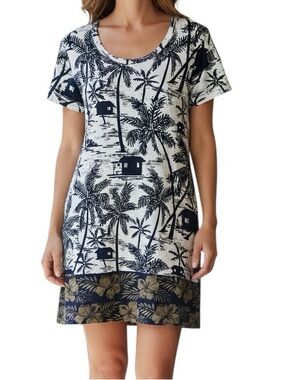 Tommy Bahama Short Sleeve Navy Palm-Print Cotton Spandex Dress